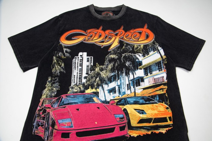 Miami sports car double-sided printed black distressed short-sleeved T-shirt 29051271