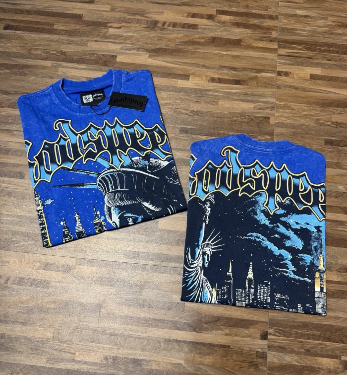 New York Night View Statue of Liberty Royal Blue Distressed Short-Sleeve T-Shirt  29051341