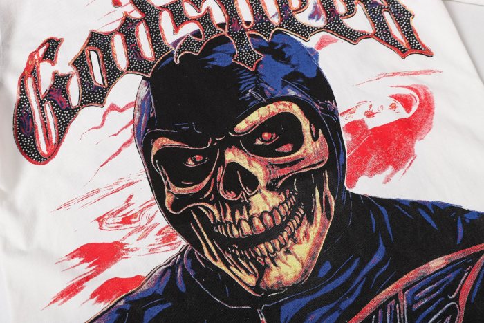 Vintage Red Flame Racing Driver Skull Rhinestone Gothic Letter Distressed Print T-shirt 29052409
