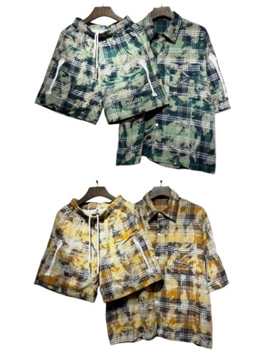 Camo Plaid Bone Embroidery Shirt & Shorts Set 2 colors 29052573