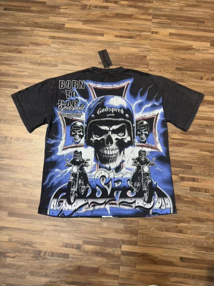 Helmet skull motorcycle cross black and brown dual-color vintage T-shirt 2 colors 29051376