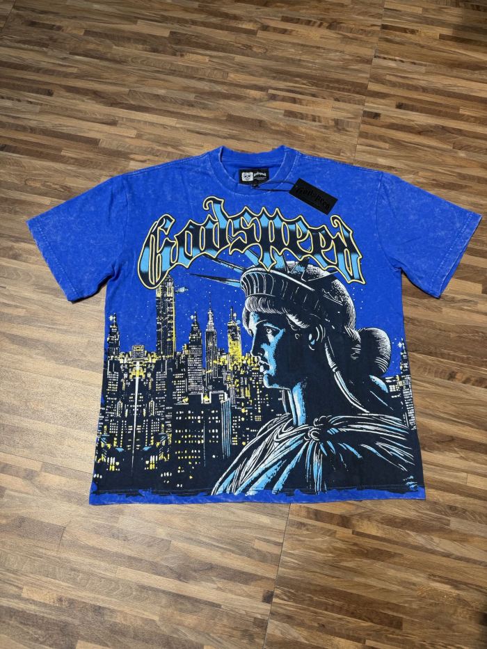 New York Night View Statue of Liberty Royal Blue Distressed Short-Sleeve T-Shirt  29051341