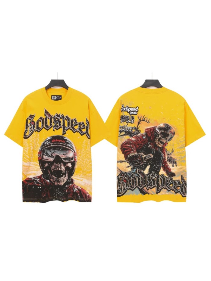 Skiing skull hot-fix rhinestone letters yellow double-sided printed short-sleeved T-shirt 29051353