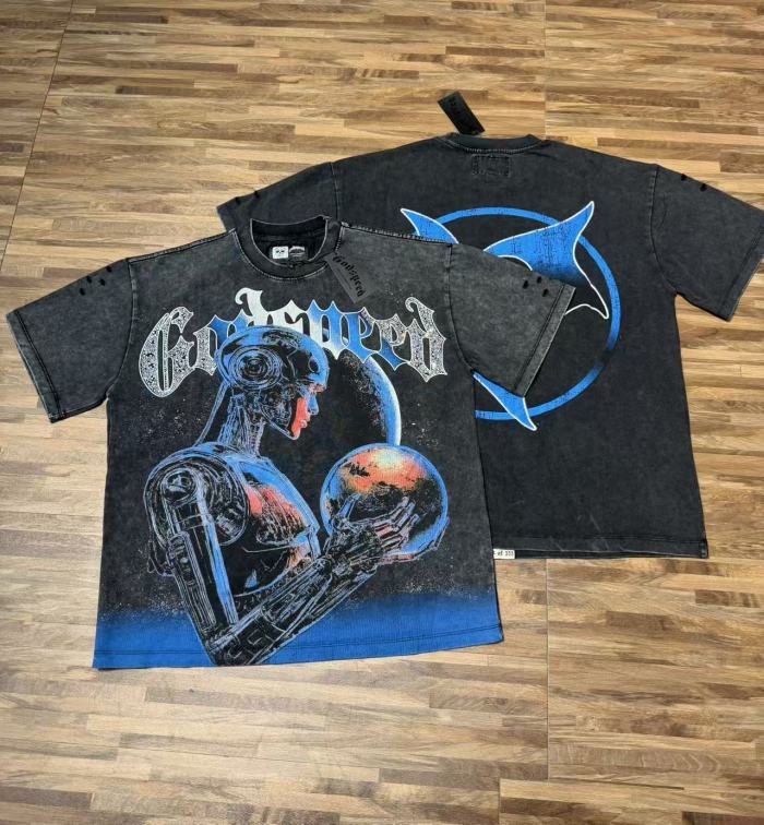 Cyber mechanical female robot planet black vintage short-sleeved T-shirt 29052448