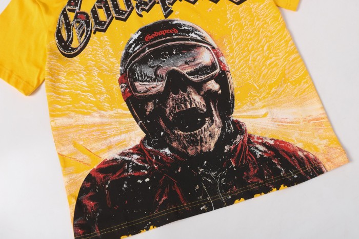 Skiing skull hot-fix rhinestone letters yellow double-sided printed short-sleeved T-shirt 29051353