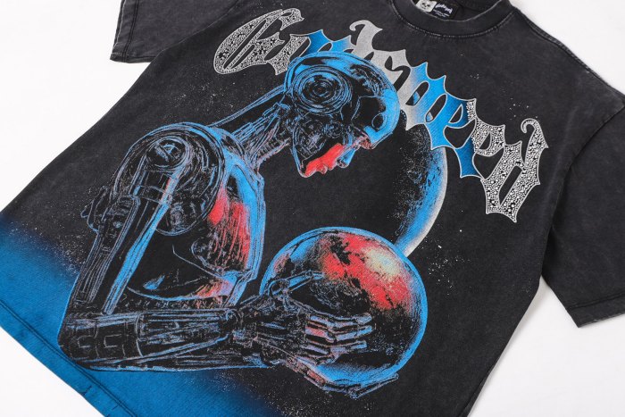 Cyber mechanical female robot planet black vintage short-sleeved T-shirt 29052448