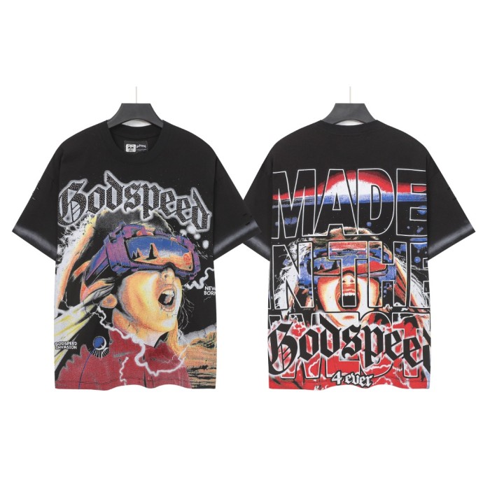 Screaming VR Glasses Girl Black and Green Dual-color Vintage Short-sleeved T-shirt  29052398