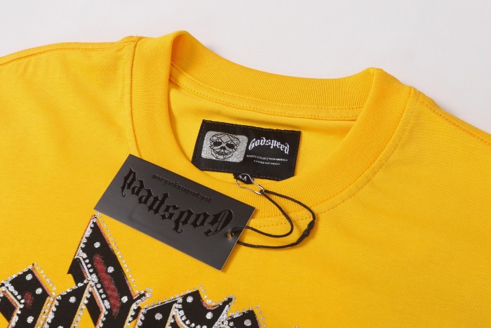 Skiing skull hot-fix rhinestone letters yellow double-sided printed short-sleeved T-shirt 29051353