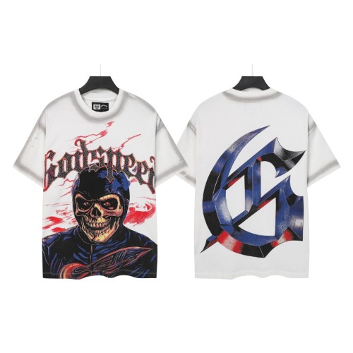 Vintage Red Flame Racing Driver Skull Rhinestone Gothic Letter Distressed Print T-shirt 29052409
