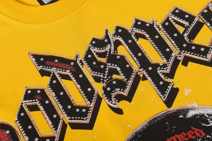 Skiing skull hot-fix rhinestone letters yellow double-sided printed short-sleeved T-shirt 29051353