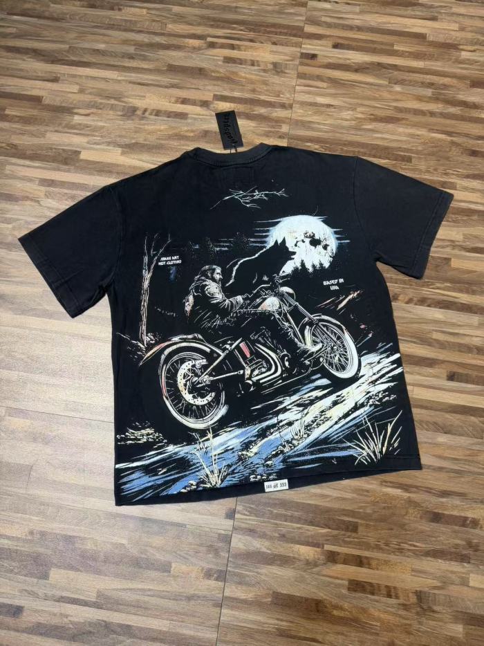 Moonlit Forest Wolf Knight Harley Davidson Motorcycle Black Distressed T-Shirt 29051361