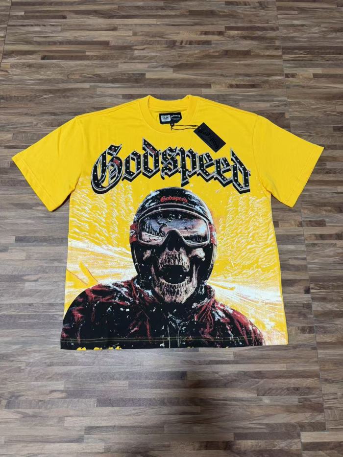 Skiing skull hot-fix rhinestone letters yellow double-sided printed short-sleeved T-shirt 29051353