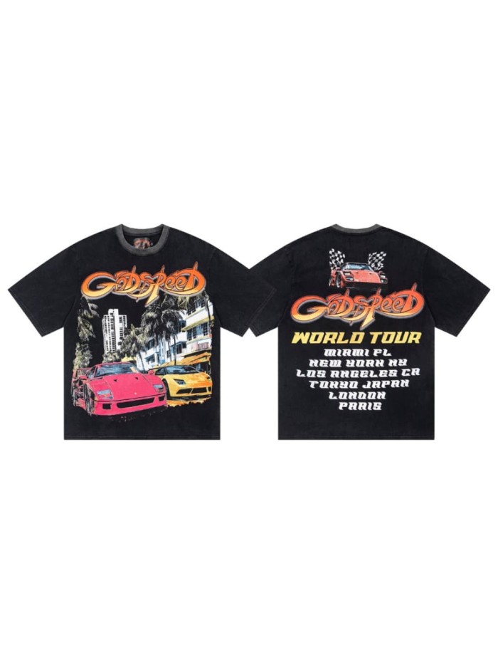 Miami sports car double-sided printed black distressed short-sleeved T-shirt 29051271