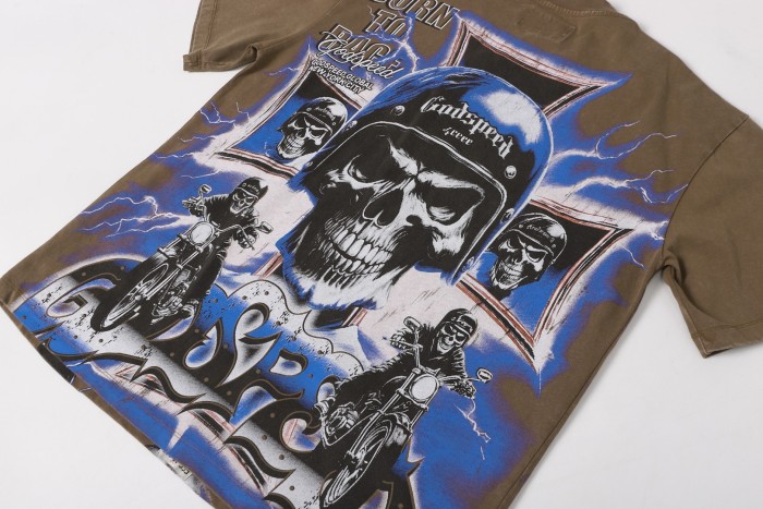 Helmet skull motorcycle cross black and brown dual-color vintage T-shirt 2 colors 29051376