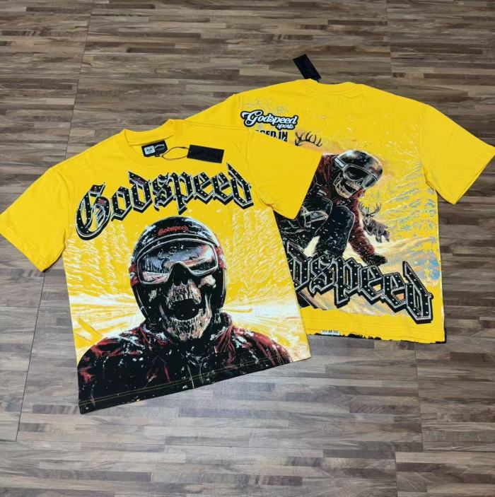Skiing skull hot-fix rhinestone letters yellow double-sided printed short-sleeved T-shirt 29051353