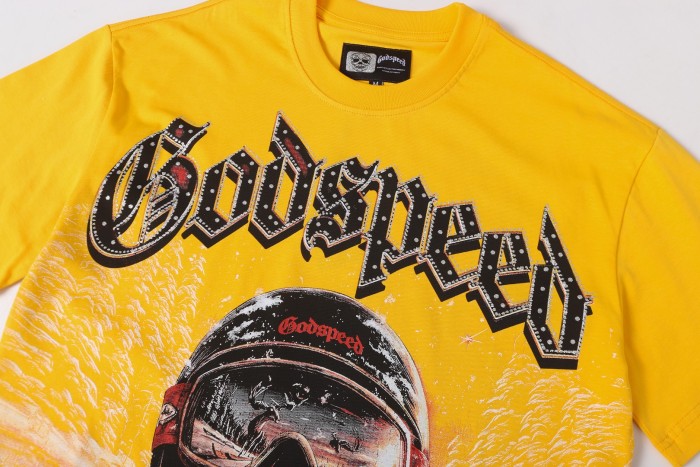 Skiing skull hot-fix rhinestone letters yellow double-sided printed short-sleeved T-shirt 29051353