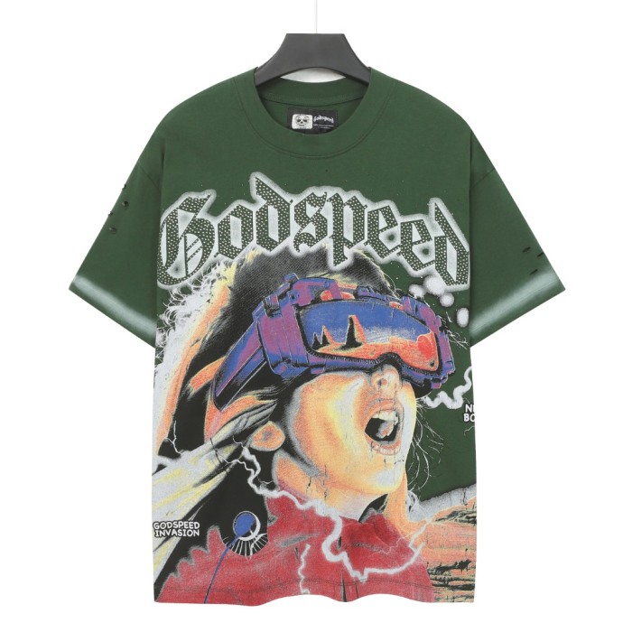 Screaming VR Glasses Girl Black and Green Dual-color Vintage Short-sleeved T-shirt  29052398