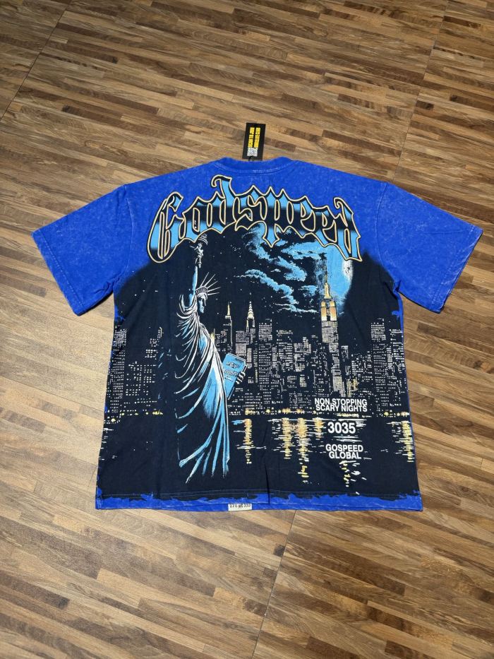 New York Night View Statue of Liberty Royal Blue Distressed Short-Sleeve T-Shirt  29051341