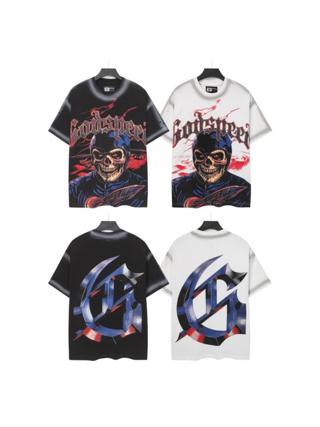 Vintage Red Flame Racing Driver Skull Rhinestone Gothic Letter Distressed Print T-shirt 29052409