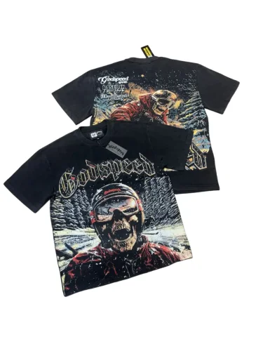 Vintage snow skiing skeleton distressed washed print T-shirt 29051358