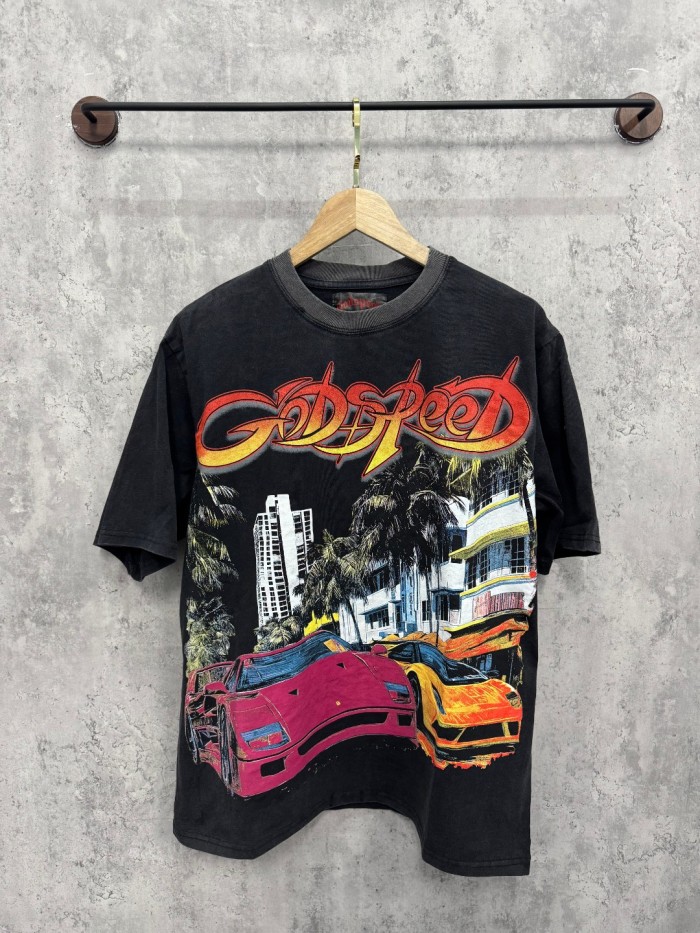 Miami sports car double-sided printed black distressed short-sleeved T-shirt 29051271