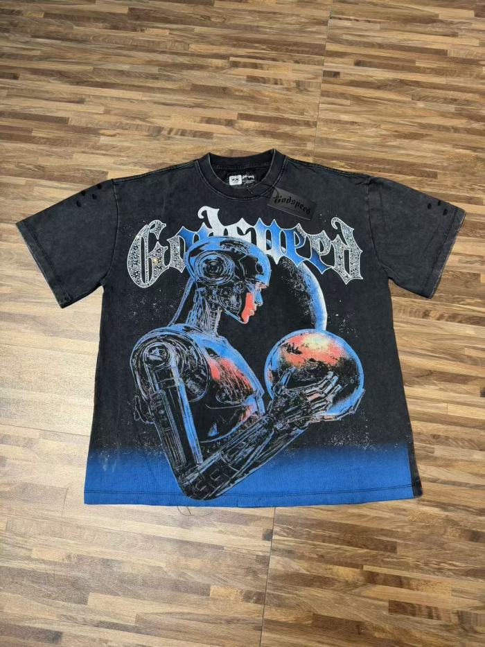 Cyber mechanical female robot planet black vintage short-sleeved T-shirt 29052448