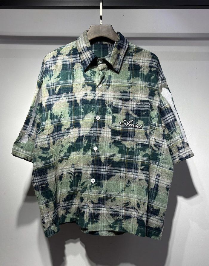 Camo Plaid Bone Embroidery Shirt & Shorts Set 2 colors 29052573