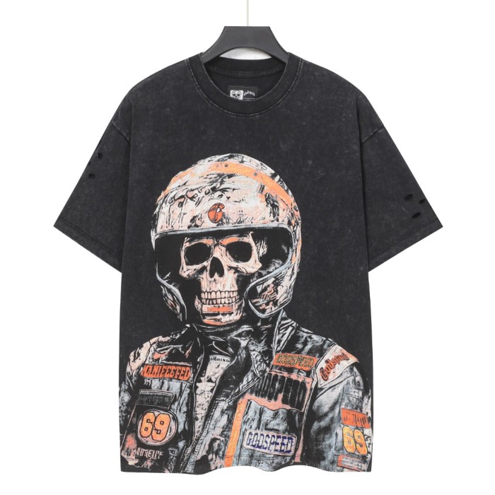 No. 69 Helmet Racing Skull Distressed Black Short-Sleeve T-Shirt 29052367