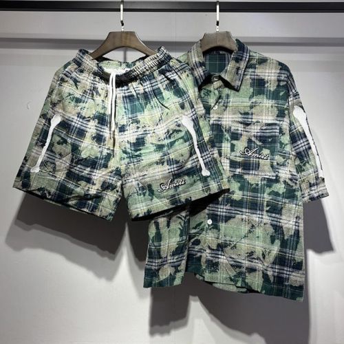 Camo Plaid Bone Embroidery Shirt & Shorts Set 2 colors 29052573