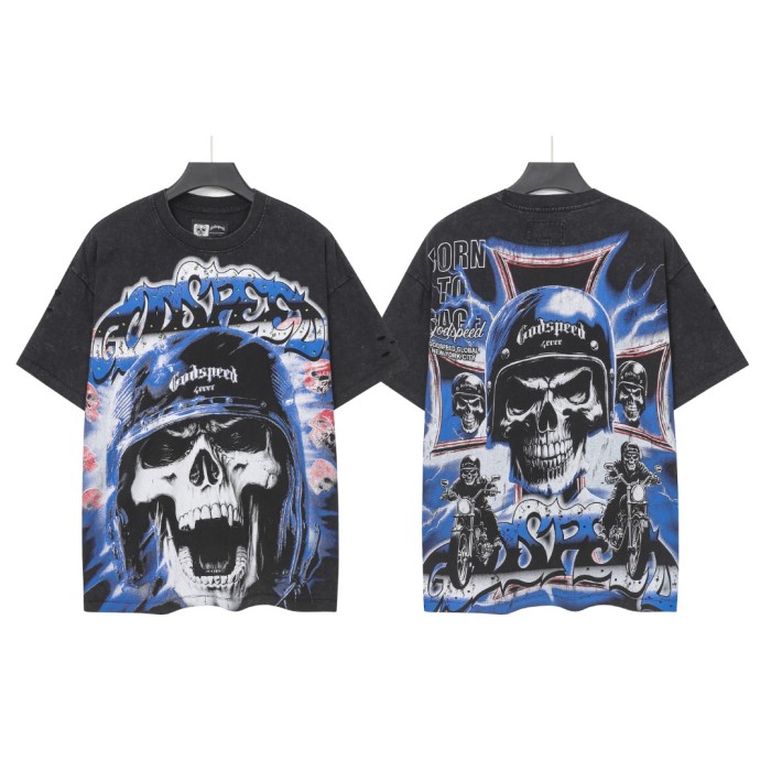 Helmet skull motorcycle cross black and brown dual-color vintage T-shirt 2 colors 29051376