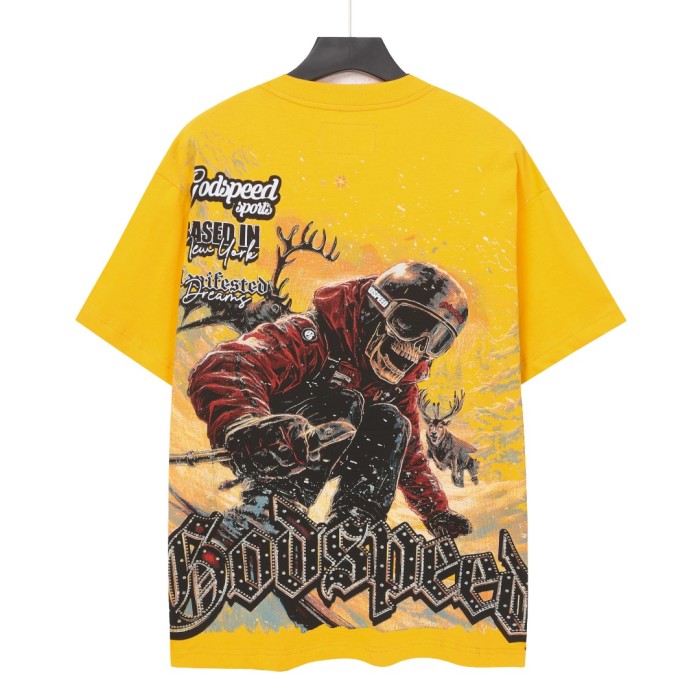 Skiing skull hot-fix rhinestone letters yellow double-sided printed short-sleeved T-shirt 29051353