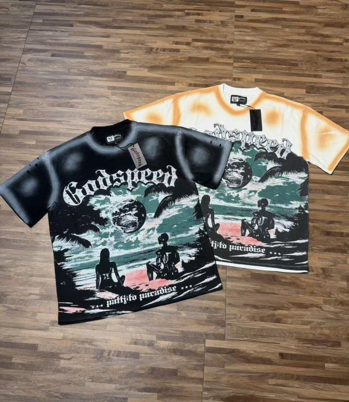 Beach Skeleton Couple Sunset Black and Yellow Distressed Short-sleeved T-shirt 29052437