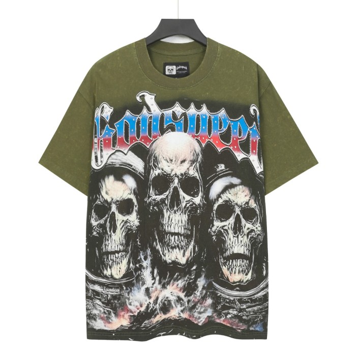 World Tour Three Skulls Black and Army Green Dual-Color Distressed T-Shirt 2 colors 29053372