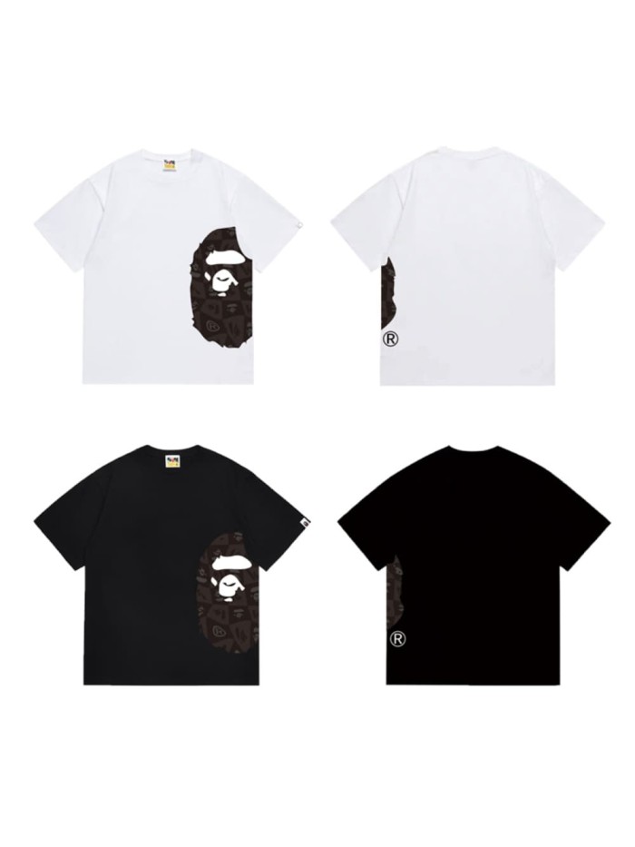Side minimalist gray grid patterned monkey head short sleeved  print T-shirt 2 colors 29053566