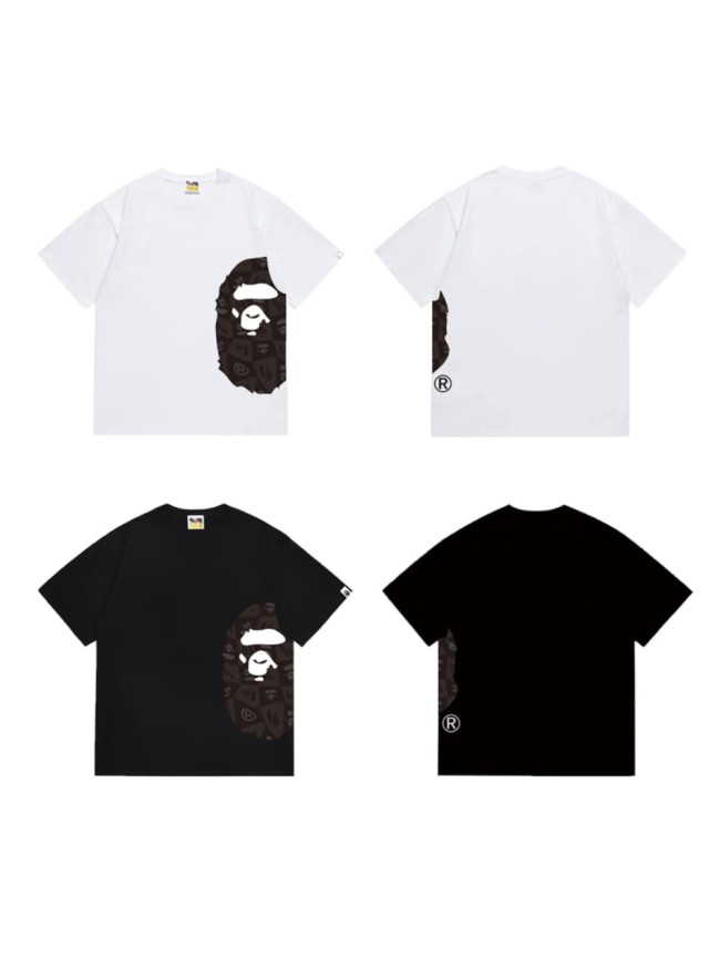 Side minimalist gray grid patterned monkey head short sleeved print T-shirt 2 colors 29053566