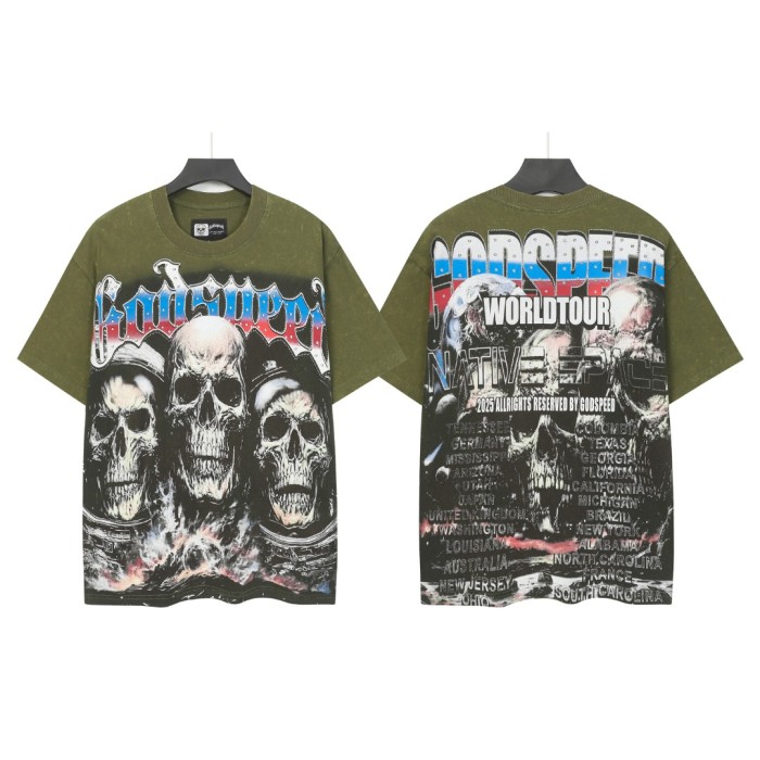 World Tour Three Skulls Black and Army Green Dual-Color Distressed T-Shirt 2 colors 29053372