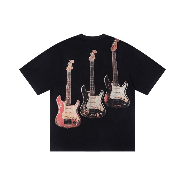 Skeleton Rock Band Electric Guitar Distressed Black Short-Sleeve T-Shirt 29053413