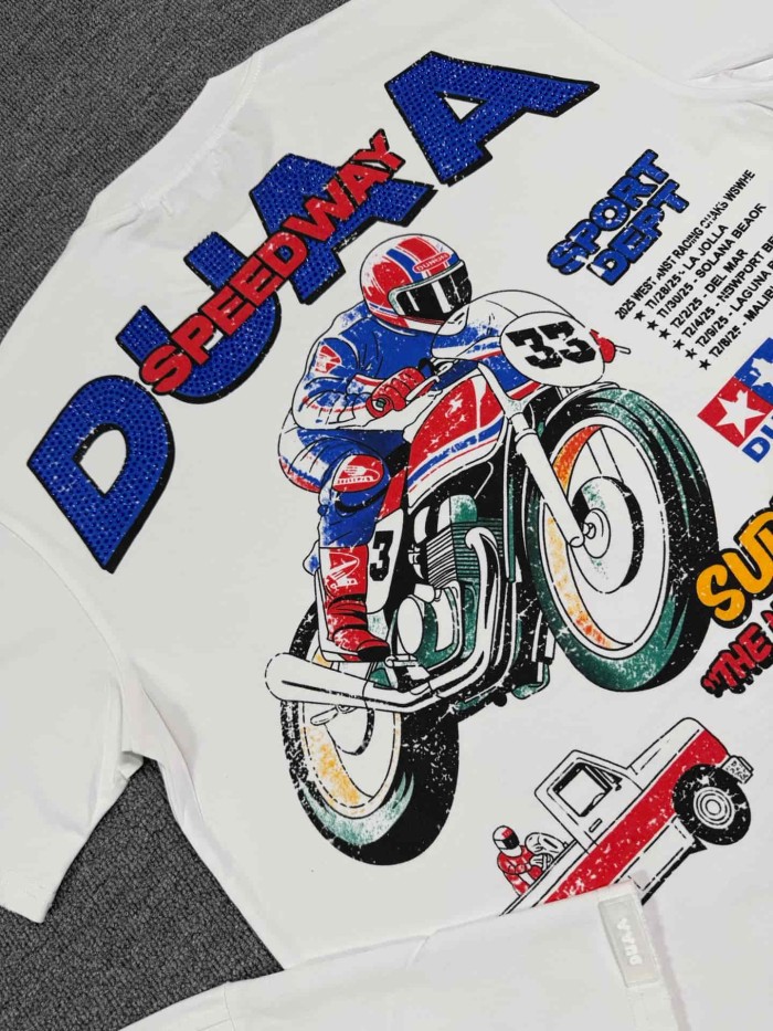 Motorcycle Racing Rhinestone Print Washed Tee 29053844
