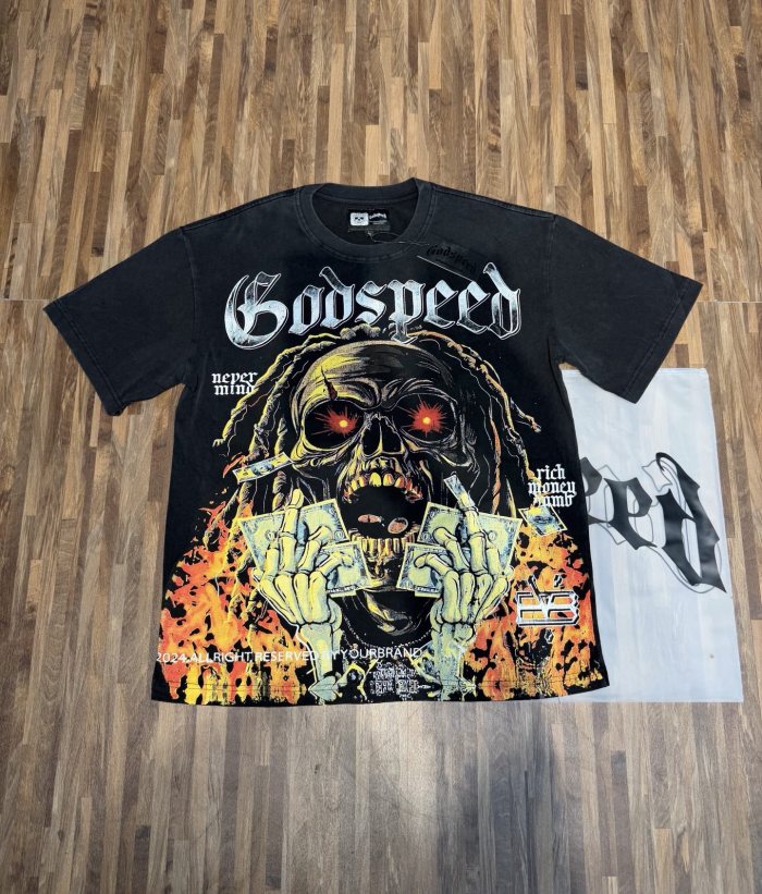 Dirty braids, red eyes, banknotes, skeletons, flames, worn-out black T-shirt 29053388