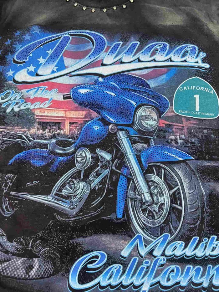 California Highway Motorcycle Rhinestone Print Washed Tee 29053842