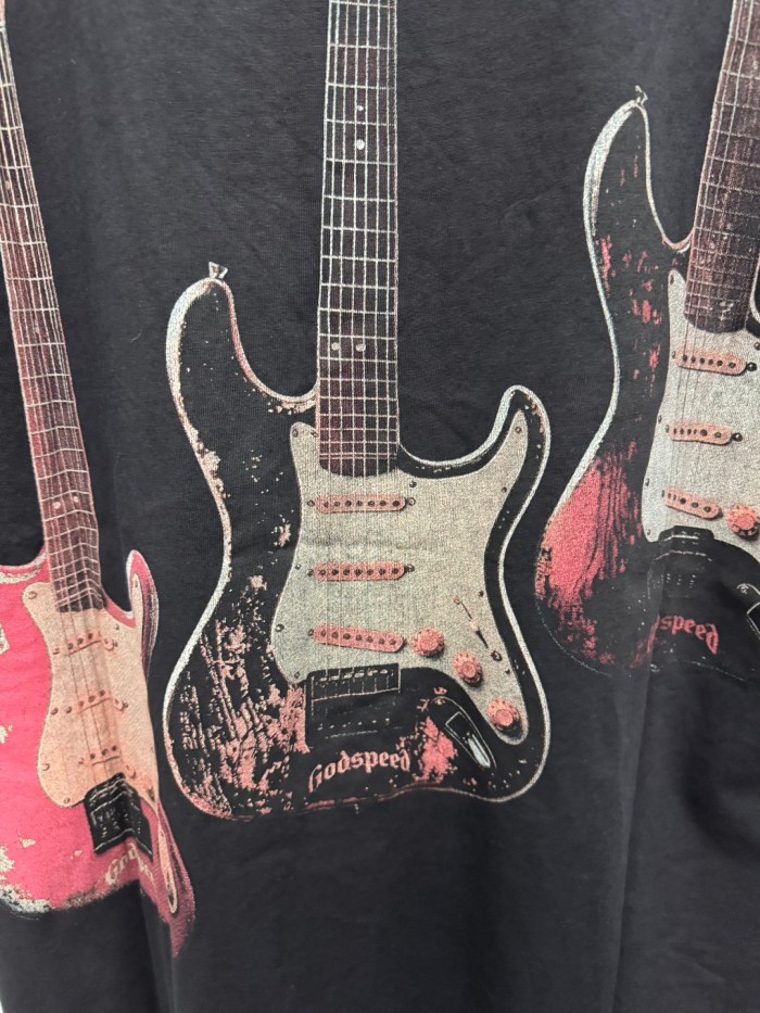 Skeleton Rock Band Electric Guitar Distressed Black Short-Sleeve T-Shirt 29053413