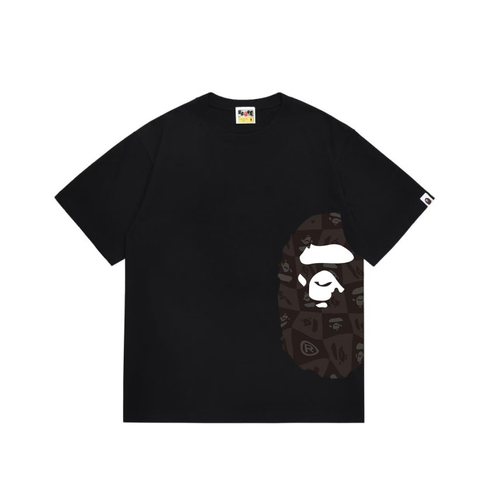 Side minimalist gray grid patterned monkey head short sleeved  print T-shirt 2 colors 29053566