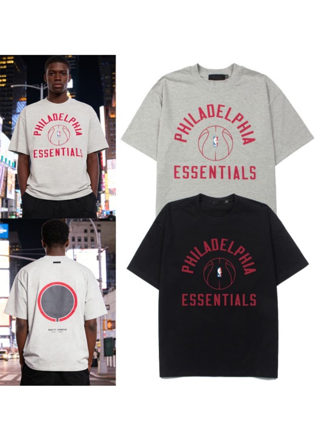 Philadelphia curved letter basketball silhouette black loose T-shirt 2 colors 29053653