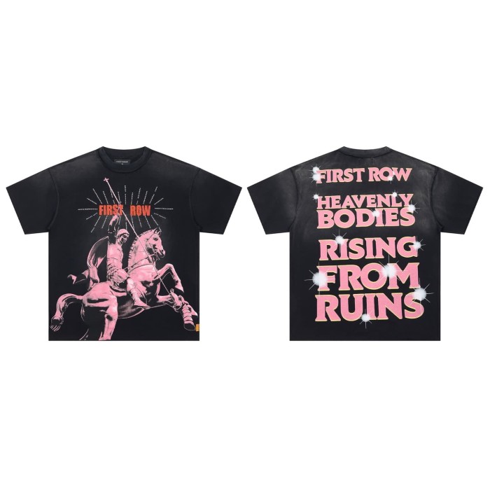 Pink And Black Warhorse Knight Rhinestone Print Washed Tee 29054085