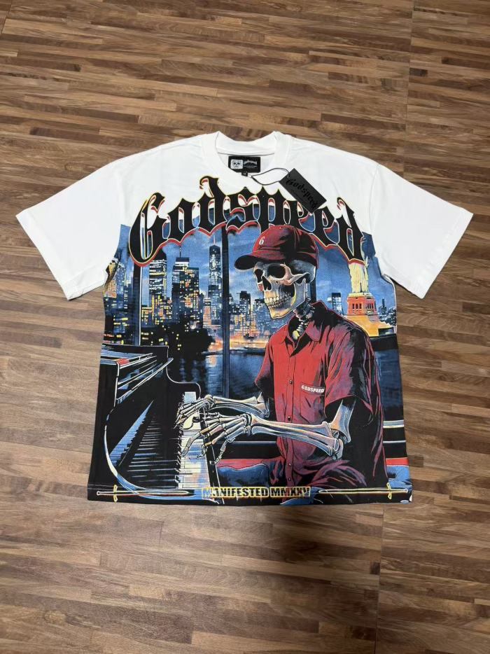 American-style washed vintage black urban jazz skull loose short-sleeved shirt 29053392