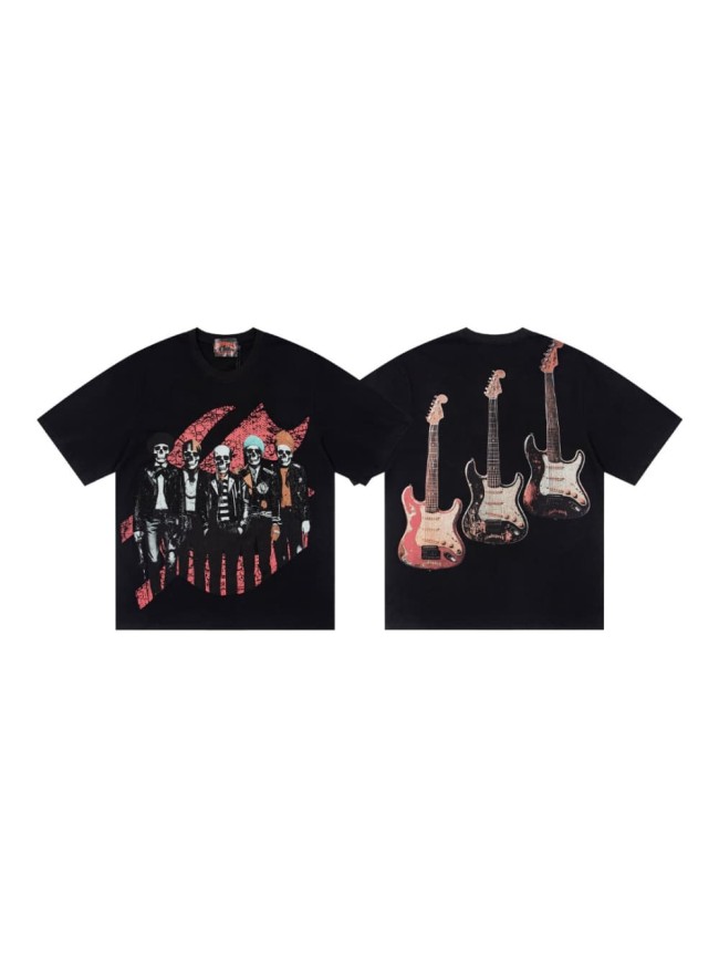 Skeleton Rock Band Electric Guitar Distressed Black Short-Sleeve T-Shirt 29053413
