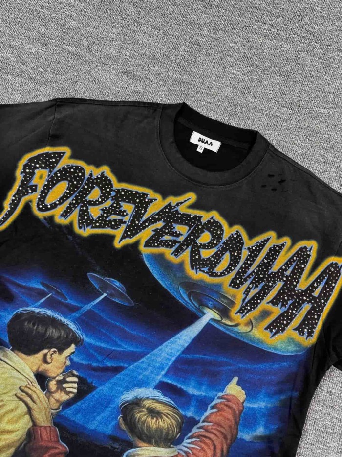 Boy Looking Up At UFO Rhinestone Print Washed Tee 29053849