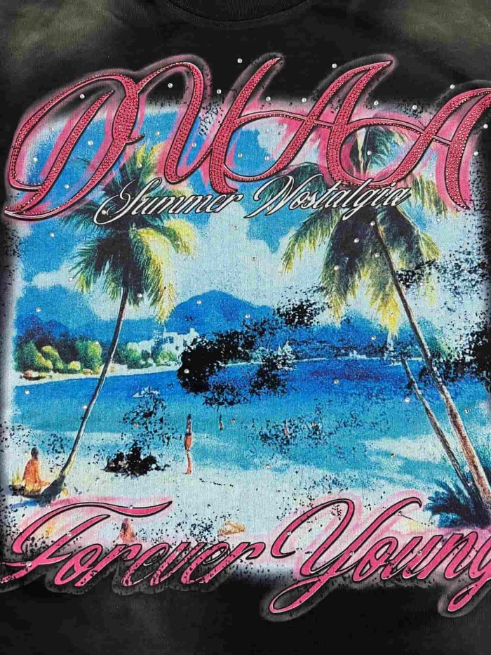 Coconut Tree Beach Rhinestone Print Washed Tee 29053850
