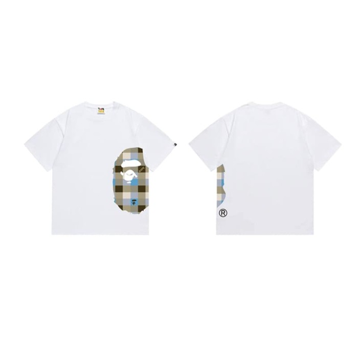 Side minimalist plaid monkey head short sleeved  print T-shirt 2 colors 29053569