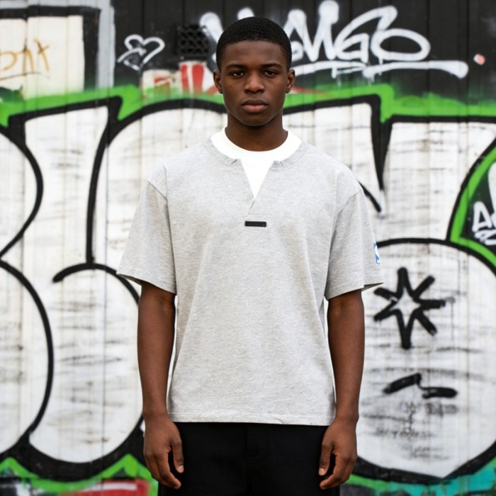 Co-branded back contrast color large letter cursive font gray loose short-sleeved T-shirt 2 colors 29053635